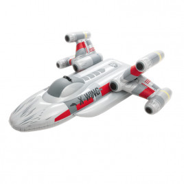 Inflatable X Wing Starfighter in swimming pool with boy sitting on top