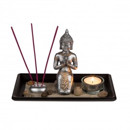Deko-Set- Polyresin-Buddha auf Holz-Tablett- mit Glas-Teelichthalter- 3 Räucherstäbchen- Dekosteinen & Dekosand
